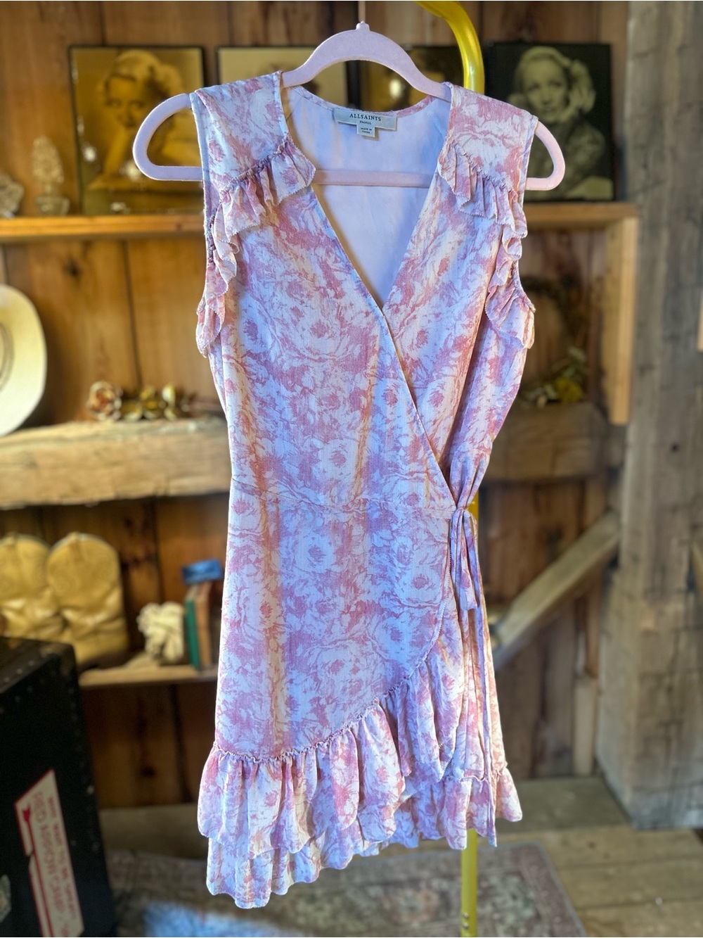 All Saints Pink and White Floral Wrap Mini Dress